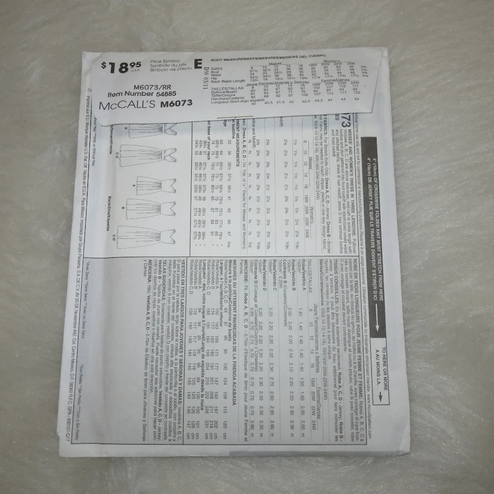 MCCALL'S Sz 18W-24W Misses dress 4 great looks one easy pattern